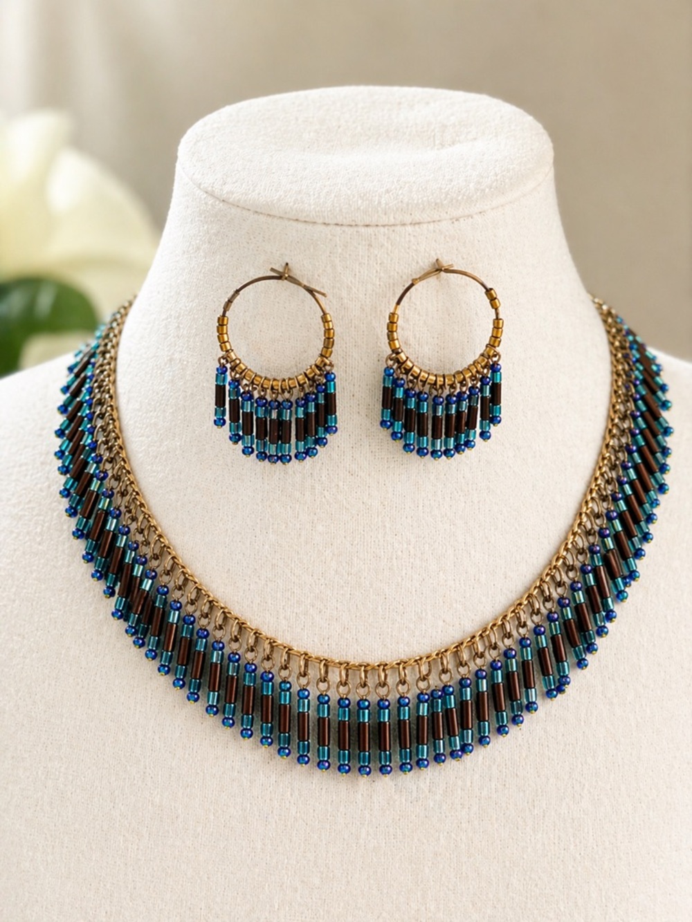 Lee Angel Blue and Brown Fringe Necklace and Hoop Earring Set-Unworn